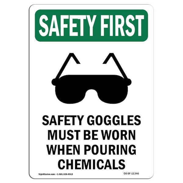 OSHA Sign, Goggles Must W/ Symbol, 24in X 18in Rigid Plastic, 18" W, 24" L, Portrait